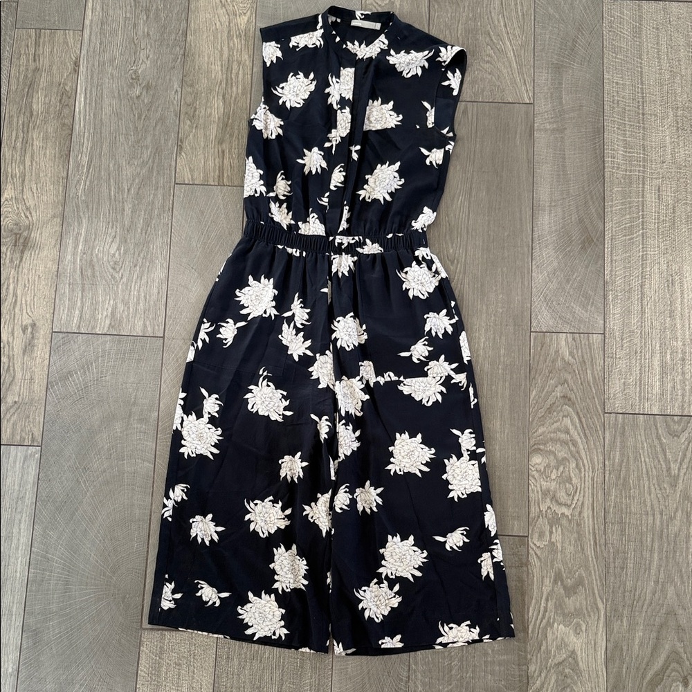 Vince 100% Silk Navy and White Floral Jumpsuit
